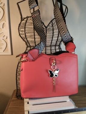 Stylish Red Butterfly Crossbody Bag with Chevron Strap